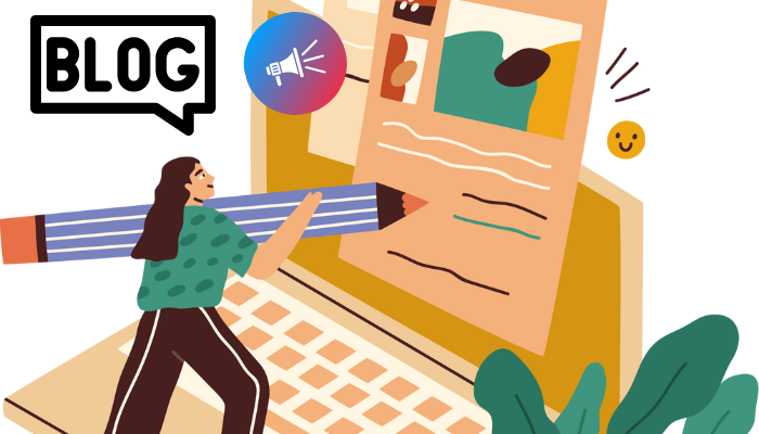 Desenho com mulher segurando lápis escrevendo um blog