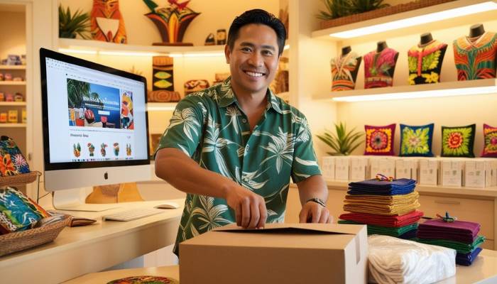 homem feliz vendendo seus produtos online
